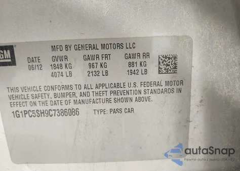 2012 Chevrolet Cruze Ls из США, поврежденный, VIN 1G1PC5SH9C7386086